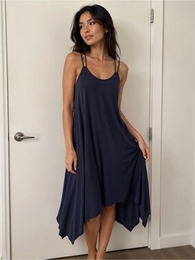 PPLA Ramona Asymmetrical Midi Dress – Navy, Size Small